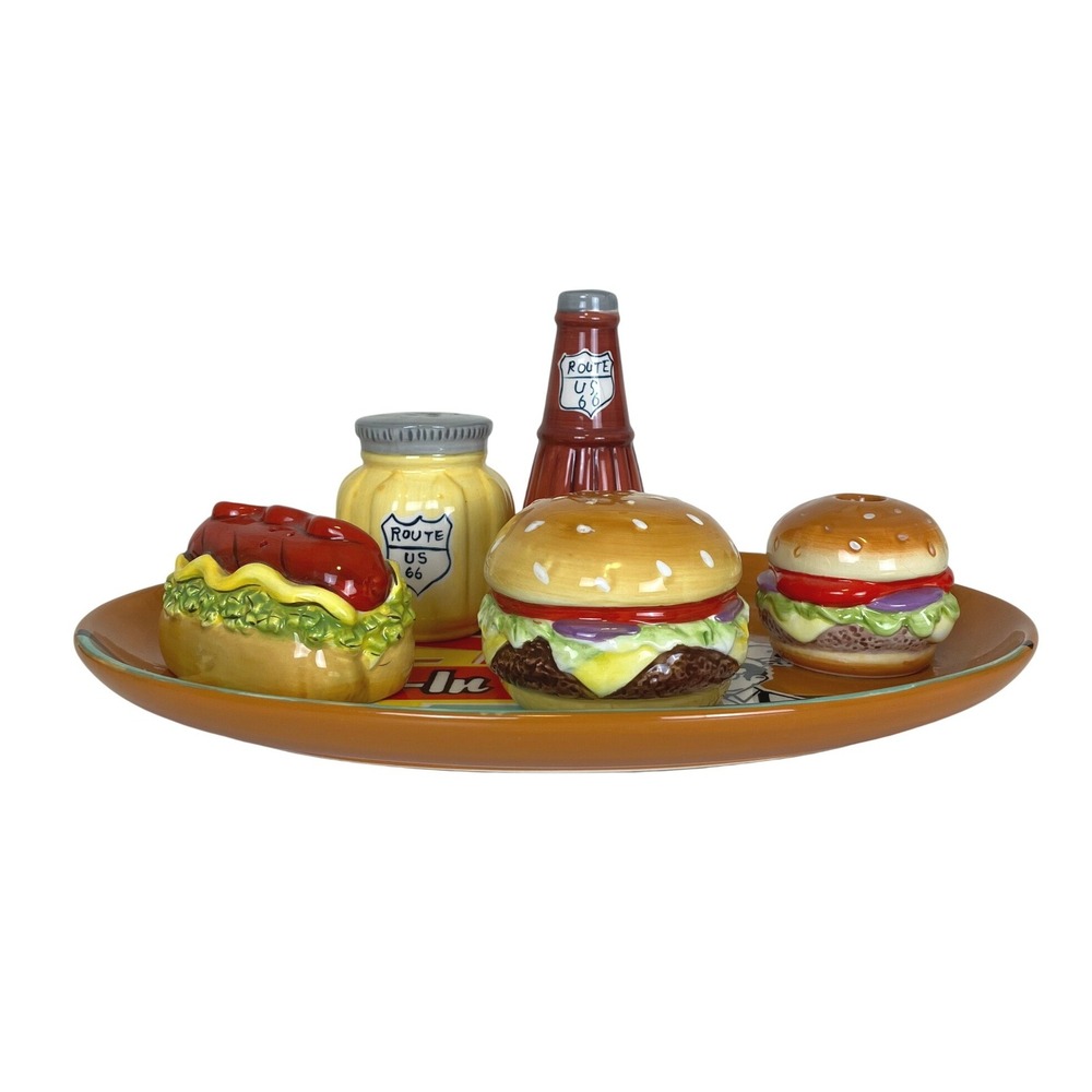 Burger & Fries Drive-In Ceramic Salt And Pepper Shaker Sets 5 Piece Retro Diner